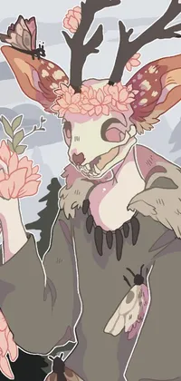 This phone live wallpaper depicts a beautiful drawing of a deer decorated with flower ornaments on its head