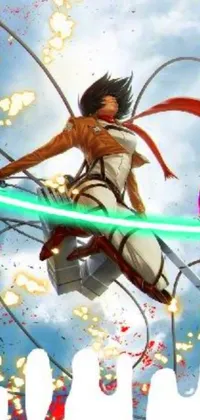 This dynamic phone live wallpaper features an anime-style drawing of a woman in motion, holding a sword and flying through the air