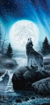 This stunning live wallpaper showcases two wolves against a backdrop of a full moon