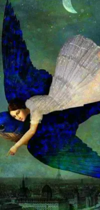 This magnificent live wallpaper depicts a surreal painting of a woman dressed in blue flying in the sky around a bird