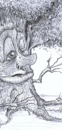 This phone live wallpaper features a detailed drawing of a tree with a face on it