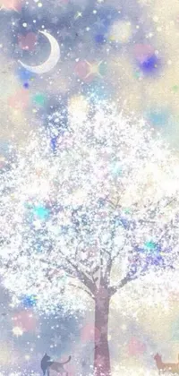 Looking for a phone live wallpaper that features a dreamy tree painting with a giant white tree and a glowing moon in the background? Look no further than this beautiful pointillism wallpaper by Eizan Kikukawa! With a pastel-colored background and delicate brushstrokes that make the tree look almost magical, this wallpaper is a stunning addition to any phone