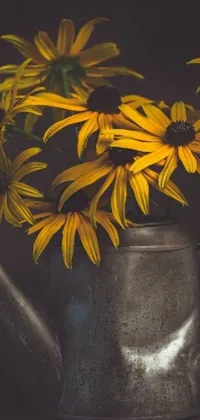 This phone live wallpaper showcases a metal watering can filled with beautifully blooming yellow flowers