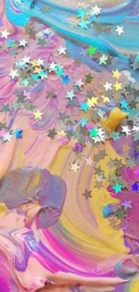 This vibrant phone live wallpaper features a cake adorned with stars on a beautiful, confetti-filled background