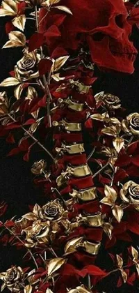 Looking for a bold addition to your device? Check out this striking live wallpaper! This design features a red skull and gold roses on a black backdrop, perfect for those who appreciate a touch of gothic elegance