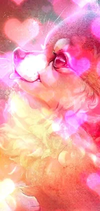 This is a phone live wallpaper featuring a digital painting of a furry Pomeranian dog with a flower on its head