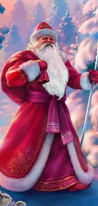 This live phone wallpaper features an intricately detailed airbrush painting of Santa Claus, done in a festive and playful style