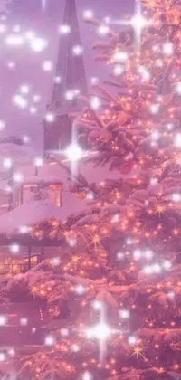 This stunning live wallpaper depicts a snowy Christmas tree beside an enchanting church