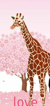 This phone live wallpaper showcases a stunning vector art design of a giraffe in a grassy field