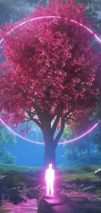 Looking for a stunning live wallpaper for your phone? Check out this digital art masterpiece by Beeple! Featuring a man standing in front of a beautiful pink tree, surrounded by intricate patterns and textures, this wallpaper is a feast for the eyes