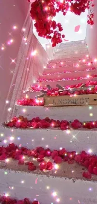 Looking for a dreamy and romantic phone live wallpaper? This stunning image showcases a set of stairs adorned with a bunch of colorful flowers, accentuated by neon sparkles and glittering stars