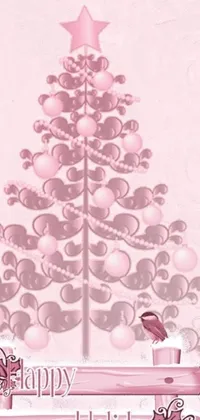 This delightful live wallpaper features a charming pink Christmas card with a stunning digital rendition of a Christmas tree