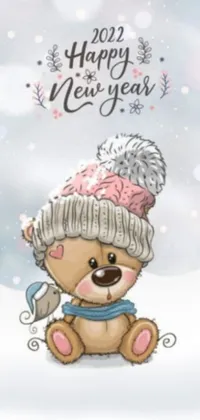 This live wallpaper showcases a cute teddy bear in a cartoon style wearings knitted accessories