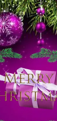 This Christmas live wallpaper showcases a beautiful card featuring a gift wrapped present on a purple background