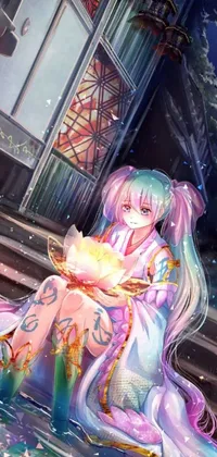 This phone live wallpaper showcases a stunning anime-style drawing of a woman in a kimono sitting in front of an intricately designed building