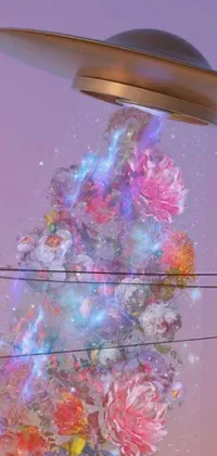 This stunning phone live wallpaper showcases a close-up of a digital art flying object surrounded by pastel flowers and an electric aura