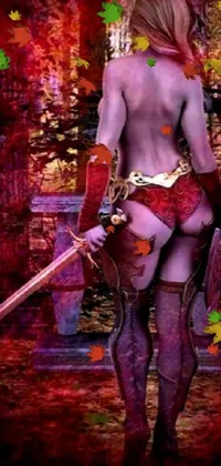 This digital live wallpaper features a fierce female warrior dressed in a red outfit and wielding a sword