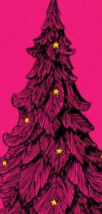 This phone wallpaper displays a drawing of a Christmas tree on a vibrant pink background in the pop art style
