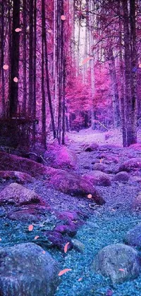 This live wallpaper showcases a brilliant forest scene, loaded with stunning purple trees, flickering psychedelic art, and neon blue and pink hues