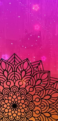 This phone live wallpaper showcases a psychedelic drawing of a flower on a purple and orange background, featuring mehndi patterns