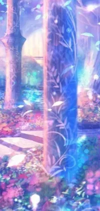 Experience the magical and enchanted forest through this phone live wallpaper, adorned with intricate, decorative pillars and colorful flowers