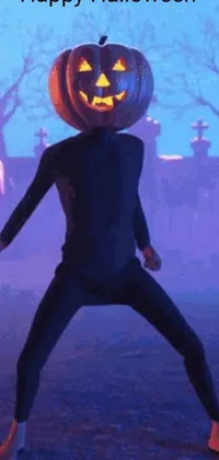 This live wallpaper depicts a cartoon character dancing in a field with a jack o lantern on their head, making for an eye-catching addition to mobile devices