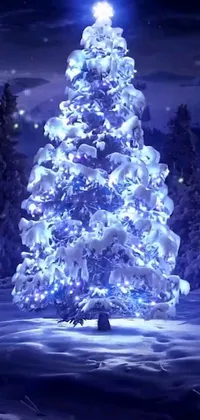 This phone live wallpaper is perfect for the holiday season! Featuring a beautifully decorated Christmas tree with glowing lights situated in the middle of a snowy field