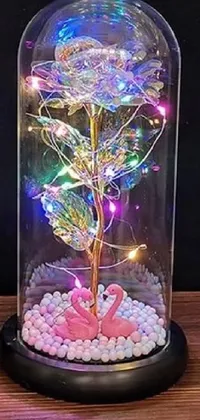 This phone live wallpaper features a lighted rose under a glass dome, accompanied by a hologram, LED lights, and sparkling details