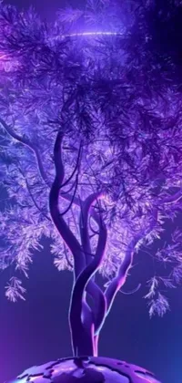 This phone live wallpaper features stunning digital art of a majestic tree on a globe surrounded by a purple laser light
