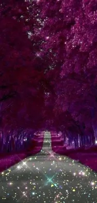 This phone wallpaper features a mystical and dreamy scene of a road surrounded by a plethora of digital purple trees, perfect for those who love aesthetics on platforms like Tumblr