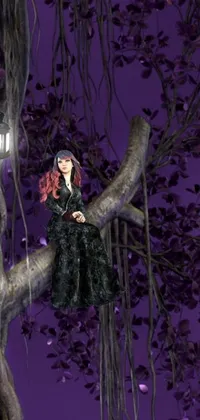 This live wallpaper showcases a darkly gothic scene featuring a woman perched on a tree beside a flickering lamp