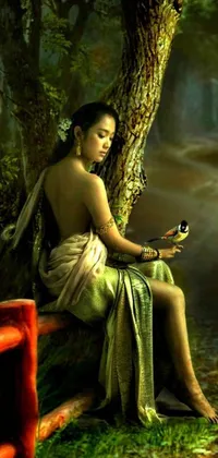 This live wallpaper presents a stunning artwork depicting a woman sitting on a bench next to a grand tree