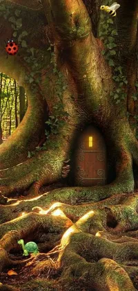 Transform your phone screen with this charming live wallpaper featuring a fairy house nestled among the vast trunk of a tree in a mystical forest
