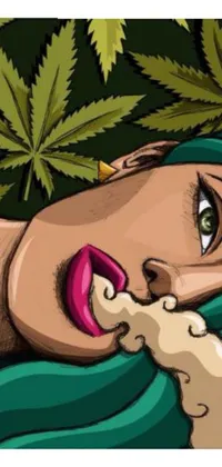 This phone live wallpaper features a pop art-inspired closeup of a woman with a cigarette, surrounded by lush greenery