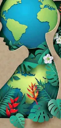 This amazing phone live wallpaper showcases an eco-friendly theme with a woman carrying a globe and wearing a flowery face mask