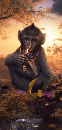 Looking for a unique and eye-catching live wallpaper for your phone? Consider this one featuring a monkey sitting in a vibrant tree, smoking from a magical bong, and surrounded by piles of gold coins