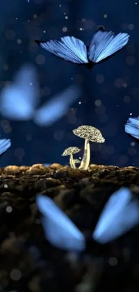 This beautiful iPhone live wallpaper features a group of blue butterflies flying around a mushroom amidst vibrant sprouting plants