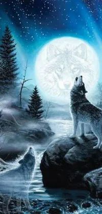 This stunning live wallpaper features a majestic wolf standing on a rock near a river