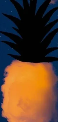 This phone live wallpaper showcases a surreal digital art design featuring a pineapple resting on a cloud in the orange night sky