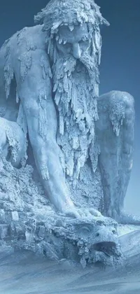 This stunning phone live wallpaper showcases a beautiful digital art piece depicting a classical romantic statue of a man on a snowy hill in a frozen wilderness