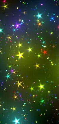 This phone live wallpaper features a stunning night sky with flickering stars and colorful crystals