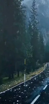 Enhance your phone's look with a dynamic and captivating live wallpaper that features stunning visuals of a car driving through a rainy mountain road as snow falls on the surrounding forest