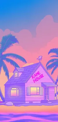 This lively phone live wallpaper depicts a colorful beach scene with palm trees and a charming cartoon-style house