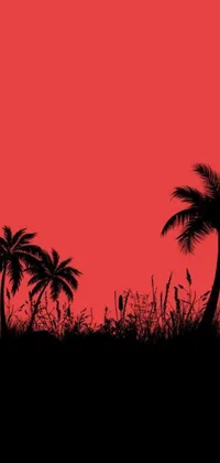 This live wallpaper features a minimalistic vector art design of two palm trees on a green field against a coral red background