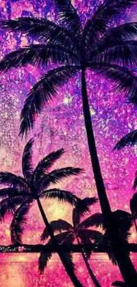 This live wallpaper features a tropical beach scene with palm trees silhouetted against a pink and purple sky