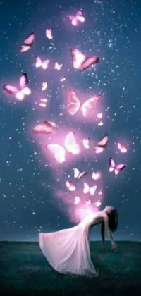 Transform your phone screen into a mesmerizing oasis with this enchanting live wallpaper! It showcases a stunning woman in a white gown surrounded by bright butterflies, standing in a beautiful field