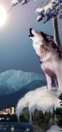 This fantastic live wallpaper showcases a breathtaking painting of a wild wolf howling at a full moon