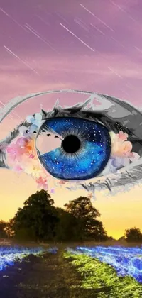 This eye live wallpaper features a digital painting of a beautiful iris with a magical sky background