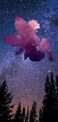 This phone live wallpaper features awe-inspiring digital artwork of a flying figure that soars through a dreamy twilight sky painted in calming shades of blue and purple