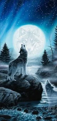 This stunning live wallpaper features an over-detailed art of a wolf standing on a rock in front of a river